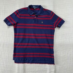 VTG Ralph Lauren Polo Shirt Men's XL Blue Red Striped Short Sleeve Yellow Pony